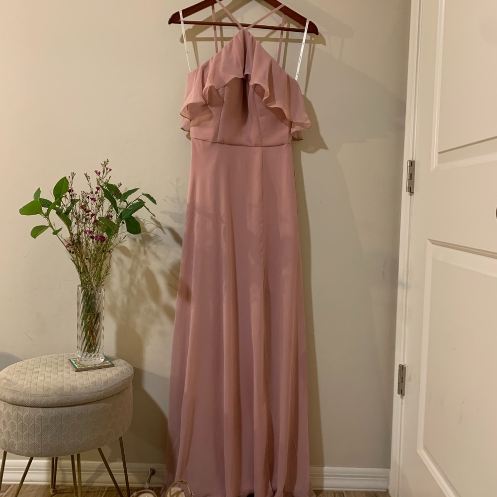 AW Bridal dusty rose floor length dress. High neck style with intricate back.